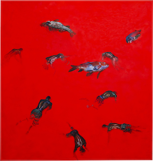 Artwork depicting a red sea with fishes and bodies.