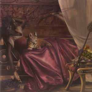 Painting of Dyonisus in a ball gown, laying down with a tiger in their lap.