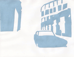 Artwork composed of blue paper on top of a white background, depicting a car on a street.