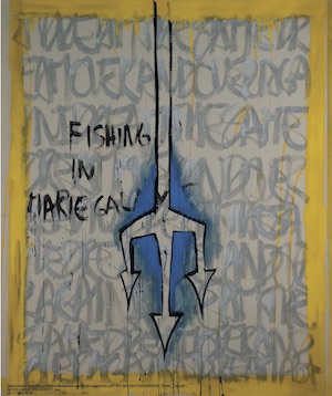 Artwork depicting a trident with the text "fishing in marie gali."