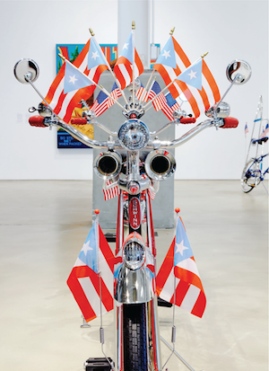 Photograph of a bicycle decked with several Puerto Rican flags.