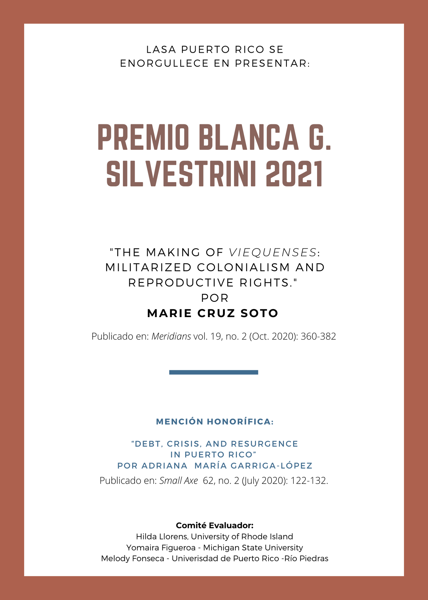Blanca G. Silvestrini Award for Outstanding Article in Puerto Rican Studies poster in Spanish