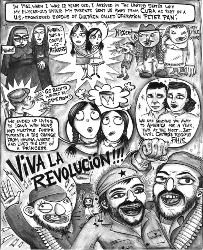 "black and white page of graphic novel reading Viva la revolucion at bottom of page"