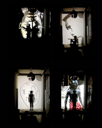 Photographs depicting a figure backlit by a projected image.