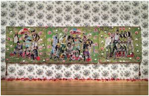 Photograph of a collage triptych featuring multiple figures depicted as if posing for a family photograph.