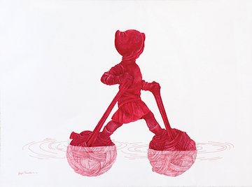 Artistic work featuring a red human-like figure walking on balls of yarn against a white, water-like backdrop.