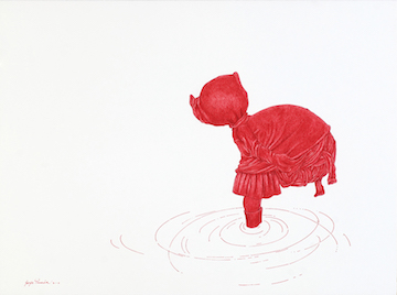 Artistic work featuring a red human-like figure carrying a ball of yarn on their back against a white, water-like backdrop.