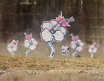 Photograph of street art of five white flowers rising up from the ground. 