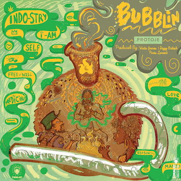 Poster for 'Bubblin' depicting a bong with three figures painted on.