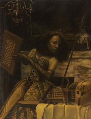 Painting depicting Athena in a ball gown opening a box of snakes.
