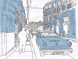 Artwork composed of blue paper on top of a white background, depicting people and a car on a street, gradually being given more details.