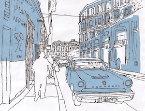 Artwork composed of blue paper on top of a white background, depicting people and a car on a street, gradually being given more details.