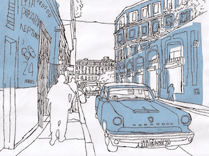 Artwork composed of blue paper on top of a white background, depicting people and a car on a street, fully detailed.