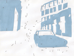 Artwork composed of blue paper on top of a white background, depicting a car on a street, gradually being given more details.