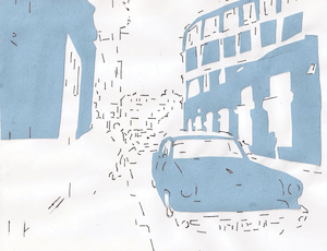 Artwork composed of blue paper on top of a white background, depicting a car on a street, gradually being given more details.