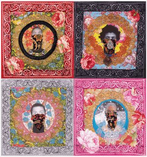 Set of quilts of portraits of different figures.