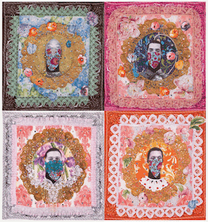 Set of quilts of portraits of different figures.
