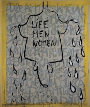 Artwork depicting a set of breasts and a penis with the text "life men women."