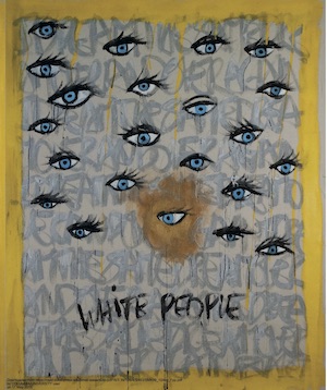 Artwork depicting a matrix of eyes with the text "white people."