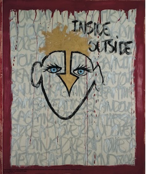 Artwork depicting a face with the text "inside outside."