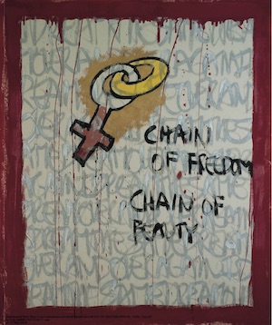 Artwork depicting a Venus symbol interlocked with a golden ring with the text "chain of freedom chain of reality."