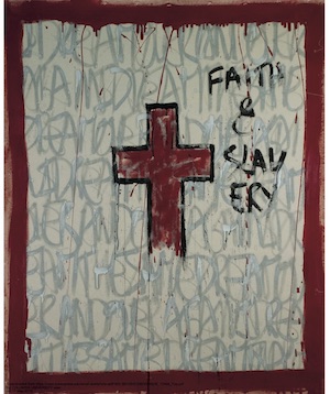 Artwork depicting a red cross with the text "faith & slavery."