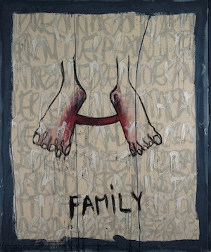 Artwork depicting two feet and the text "family."