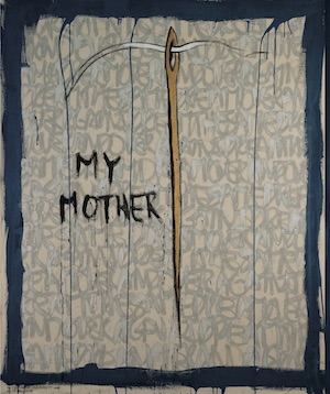 Artwork depicting a needle and thread with the text "my mother."