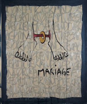 Artwork depicting two feet and the text "marriage."