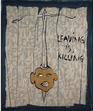 Artwork depicting a head impaled by a needle and thread with the text "leaving is killing."