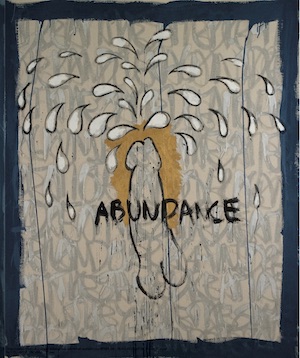 Artwork depicting an ejaculating penis with the text "abundance."