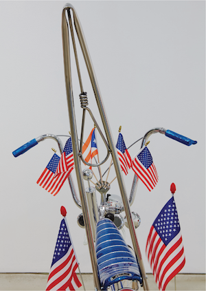 Photograph of a bicycle decked with American flags.