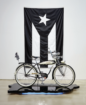 Photograph of a bicycle in front of a black and white flag.