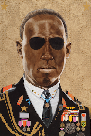 Portrait of a uniformed figure wearing tinted glasses.