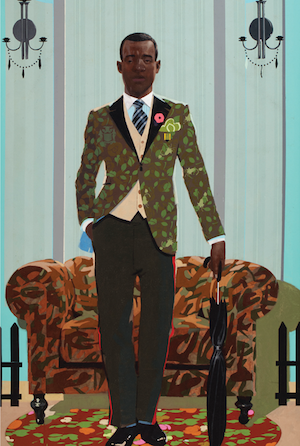Artwork depicting a suited figure posing in front of a chair.