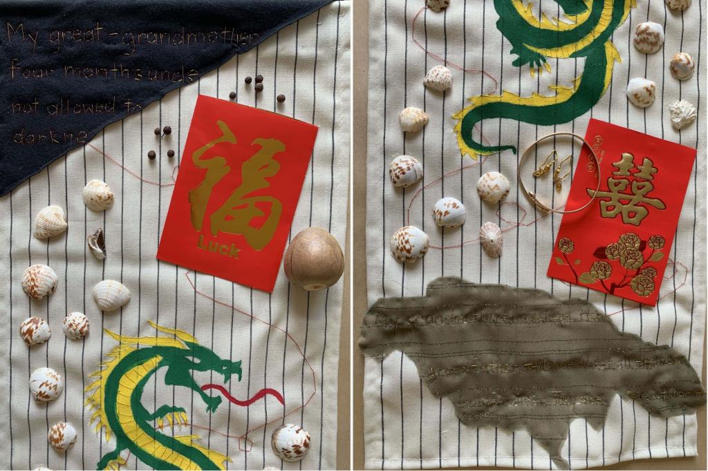 "two close-up images of mixed media artwork of cloth, paint, thread, shells, red envelopes and seeds"