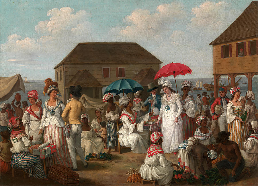 "oil painting of market scene with people in foreground, buildings and ocean in background"