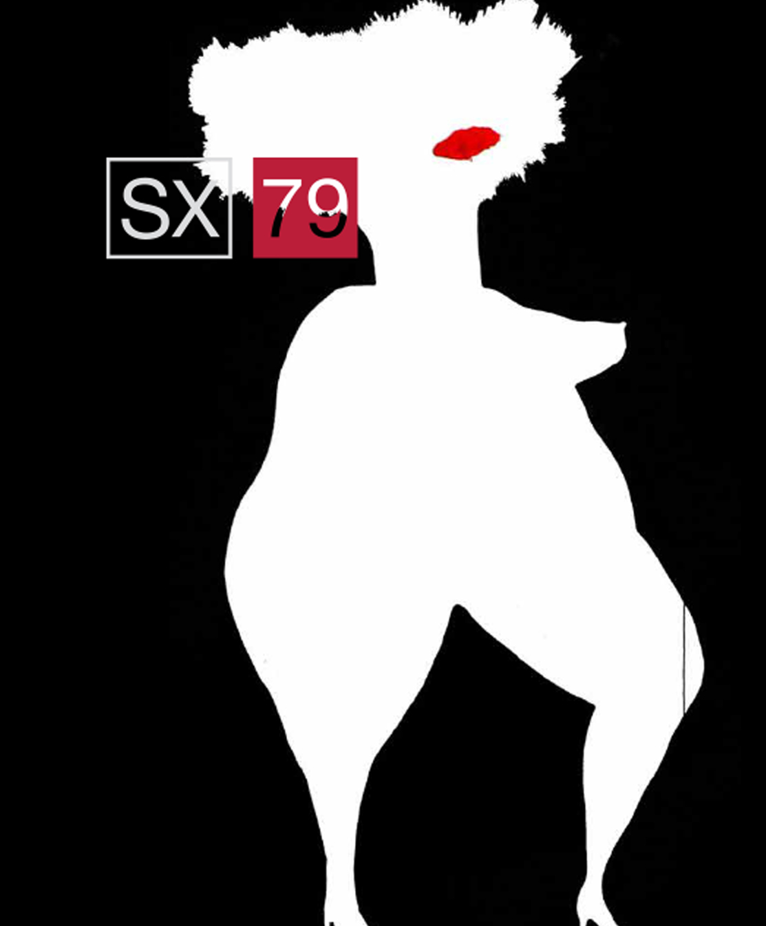 SX 79. White silhouette of a female figure against a black background. Only her lips are in color, red.