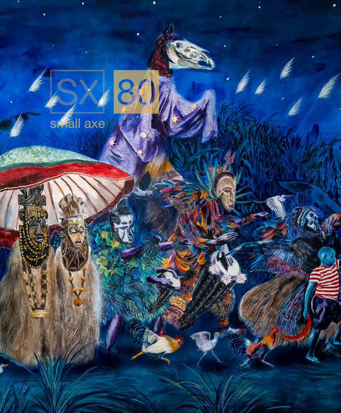 SX 80: Various figures appear to be in a march. The scene is saturated with blue. In the front, a boy appears to lead the march. Behind him, three roosters follow. There are many mystical figures that appear to be wearing African ceremonial masks. 