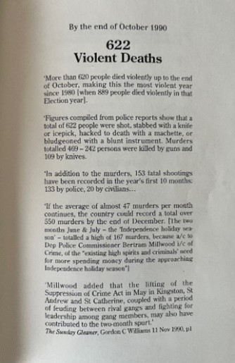 "Page from Kamau Brathwaite's poem Trench Town Rock; the top of the page reads, 'By the end of October 1990/622 violent deaths'""