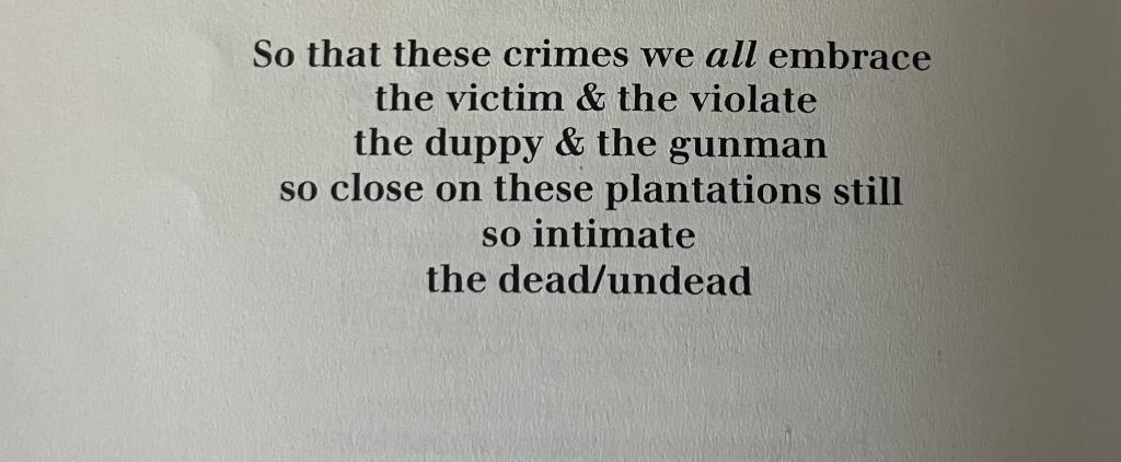 "So that these crimes we all embrace the victim & the violate the duppy & the gunman so close on these plantations still so intimate the dead/undead"