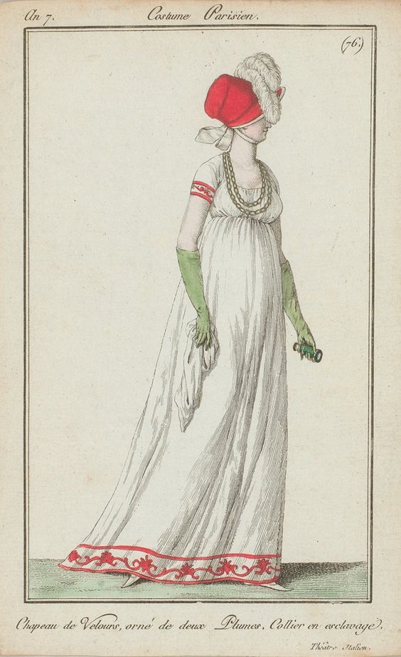 "eighteenth century fashion plate; white woman standing in long white dress with green gloves and red bonnet"