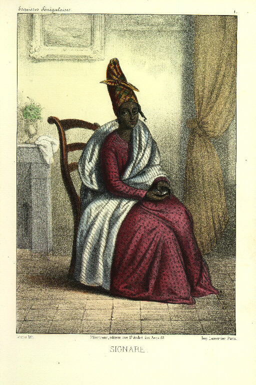 "nineteenth century lithograph; black woman seated indoors wearing red dress, white shawl, and madras turban"